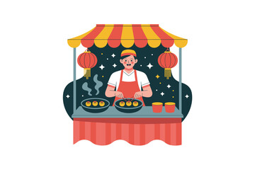 Street Food Vendor Cooking Dumplings at Night Market, Asian Cuisine, Traditional Lanterns, Cultural Event, Culinary Delights, Festive Atmosphere, Delicious Food, Food Stall