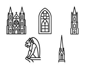 Gothic architecture icons: cathedral, gargoyle, stained glass, towers