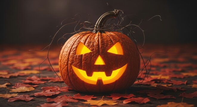 A carved halloween pumpkin with a scary face sits on fallen autumn leaves