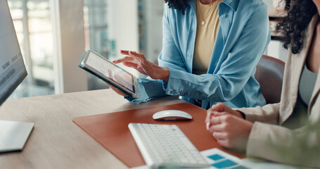 Business, hands and team with tablet data in office for trading volume, profit growth or advice. Women, trader and screen statistics at desk for market trends, performance analysis and price movement