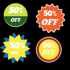 A collection of four colorful sale stickers displaying fifty percent off on a black background