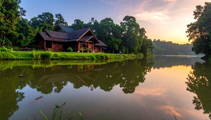 Obraz premium Wooden house by a serene lake at sunrise
