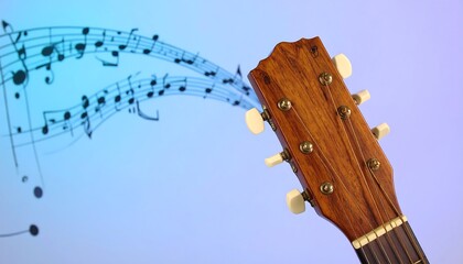 Close-up acoustic guitar headstock with music notes