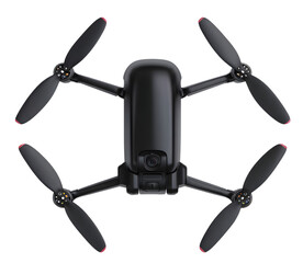 Black drone with prominent propellers isolated on transparent background