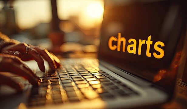 Hands typing on laptop, charts on screen, sunset glow
