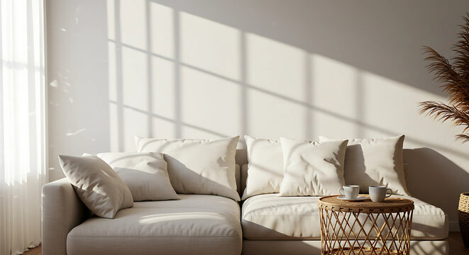 Serene Japandi style living room interior with a cozy beige sofa bathed in beautiful morning sunlight, creating long shadows on the bright wall