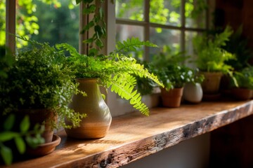 A wooden shelf by the window lined with ferns and herbs Soft daylight warms the greenery The mood feels cozy and vibrant