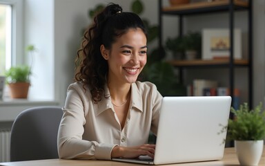 Vertical portrait of young smiling latin freelance businesswoman using computer app for remote business studying watching webinar. IT student woman working on laptop pc at home, having online meeting