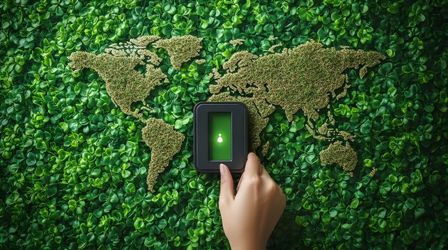 Mapping global sustainability with a digital interface on a green background of leaves and plants - Powered by Adobe