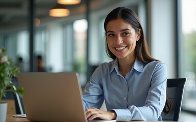 Vertical portrait at camera smiling latin female marketing manager, professional ai specialist working at laptop computer sitting at desk in modern office. Young woman employee using pc for business