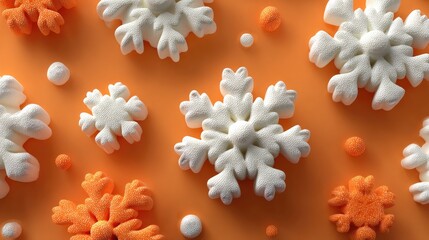 Festive orange background with white and orange snowflake-shaped candies