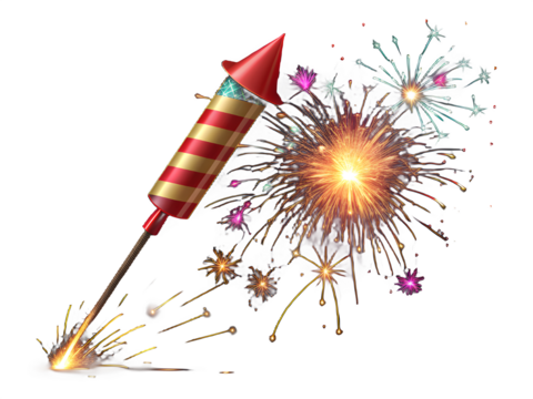 Rocket firework exploding with sparks and colorful bursts against black background