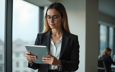 Serious young indian or arabian arab woman ceo manager holding digital computer tab for business. Latin hispanic entrepreneur businesswoman using tablet pc application at work in office. Copy space