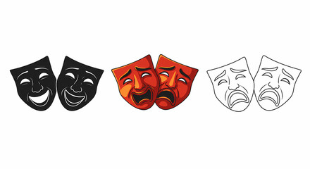 A set of three variations of iconic theater masks representing comedy and tragedy. Vector illustration collection with color, black, and outline versions of happy and sad drama symbols