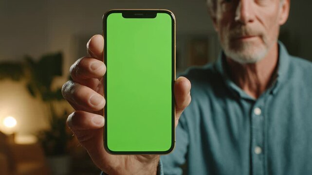 Senior creator holds a green‑screen phone to camera in a stylish studio, enabling realistic mobile mockups for ecommerce, fintech, and social media ads.