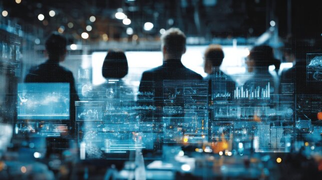 Team observing futuristic data analytics visualization