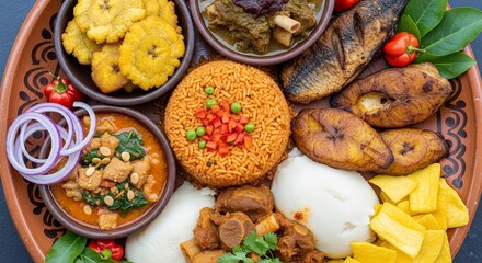 Traditional African Jollof Rice with Fried Plantain Grilled Fish and Colorful Side Dishes on Clay Plate