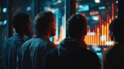 Group of people watching futuristic financial data charts