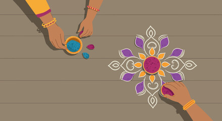 Obraz premium This flat design illustration captures the artistic process of creating a beautiful rangoli pattern, a traditional decorative art form for Diwali.
