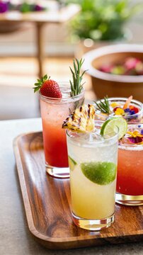Colorful cocktails on a wooden tray, vertical footage