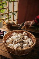 Dried Shiitake Mushrooms in Bamboo Basket - Asian Cooking Ingredients Kitchen Preparation