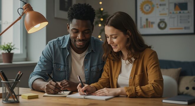 Diverse couple writing in notebooks at a desk. Young man and woman studying or planning together at home. Teamwork and collaboration concept.