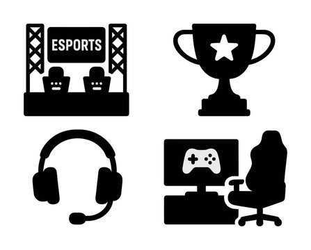 Esports symbols: gaming setup, trophy, headset, chair icons