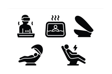 Spa and wellness icons: sauna, steam room, massage, relaxation chair, vr therapy