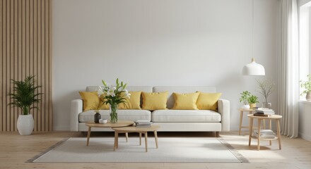 Fototapeta premium A minimalist living room with a sofa and wood furniture.