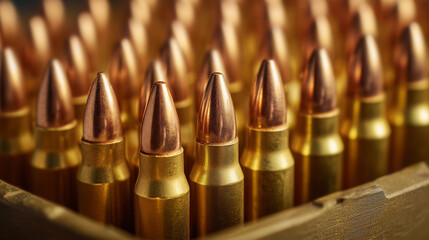 Macro of bullets inside wooden box