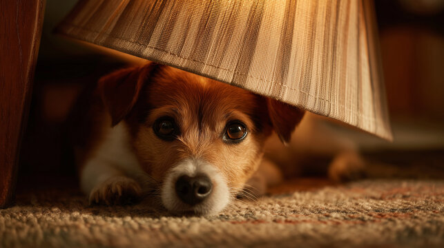 A dog hiding with under lampshade in living room