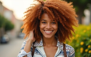 Headshot closeup portrait of beautiful cheerful young ginger african amerian woman with curly afro hair. Smiling gorgeous brazilian student girl standing outside , playing with hair, looking at camera