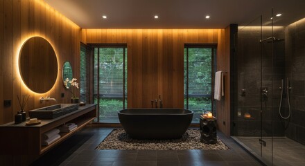 A luxurious bathroom with a stone bathtub and wood paneling.