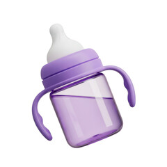 3d rendering of a purple baby bottle with handles for feeding and drinking essentials transparent background