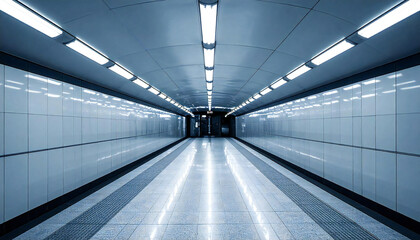 地下鉄の通路。壁が格子状のタイル。A subway passageway. The walls are made of lattice tiles.