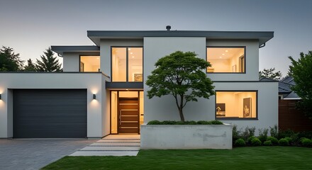 Two-story minimalist house with a single tree in a planter