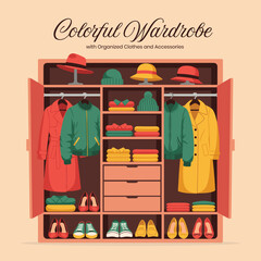 Colorful Wardrobe with Organized Clothes and Accessories