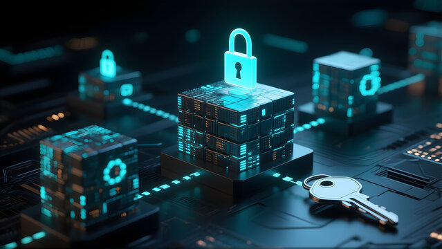 Data encryption process visualization with encrypted data blocks and security keys. Digital cryptography concept with glowing encryption elements. Modern cybersecurity imagery for data protection.