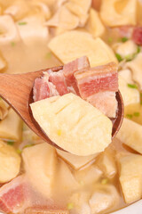Fresh Bamboo Shoots and Meat on Wooden Spoon - Traditional Asian Cooking Ingredients