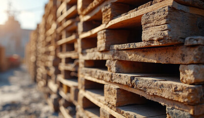 Close-up of stacked wooden pallets at construction site. Ideal for illustrating building materials, construction logistics, and site organization