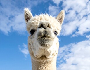 Fototapeta premium Close-up alpaca face against a partly cloudy sky