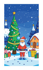 Magical Christmas evening with Santa walking past snowy trees, holiday gifts stacked high, decorated tree, festive ribbons, and sparkling winter stars