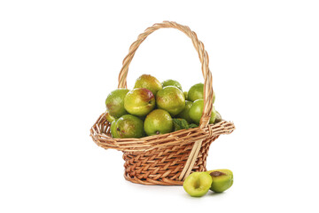 Fresh Green Xinjiang Pears in Wicker Basket - Organic Fruit Harvest