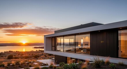 Fototapeta premium Modern lake house with expansive glass and sunset landscape views.