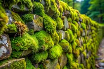 Green moss covering tree bark and wooden surfaces in a lush forest setting