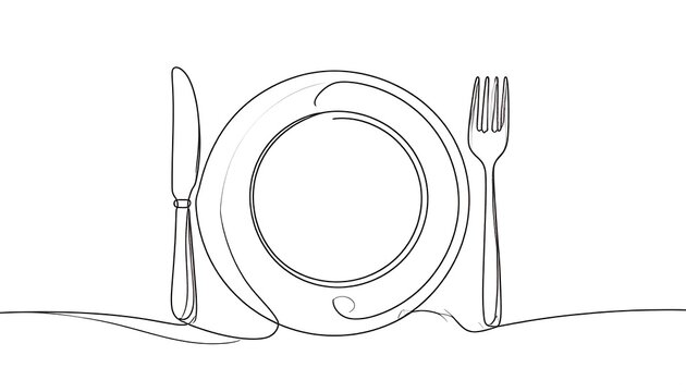 Simple line drawing of a plate, knife, and fork