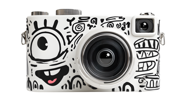 A doodle camera with a large, winking lens for an eye and a playful grin, isolated on a Transparent Background