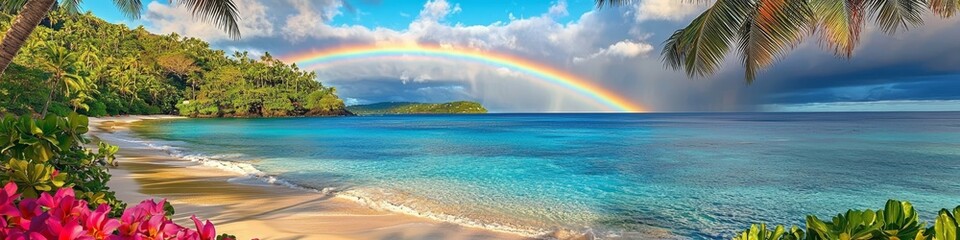 Colorful flowers adorn the foreground of this serene beach view.