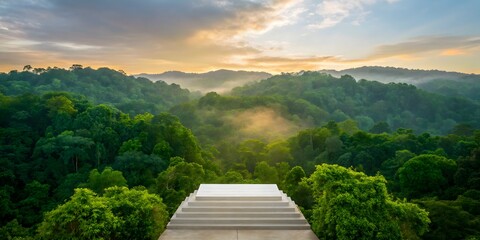 Elevated Platform Overlooking a Misty Tropical Forest at Sunrise