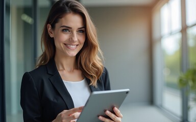 Portrait of young adult professional business woman looking at online trade app. European businesswoman CEO holding digital tablet using fintech tab application, looking at camera in outdoors office